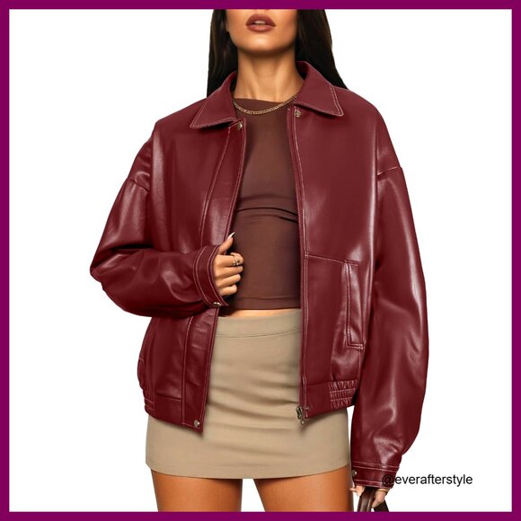 Faux Leather Motorcycle Jacket Oversized Bomber Zip Up Trendy Fall Winter